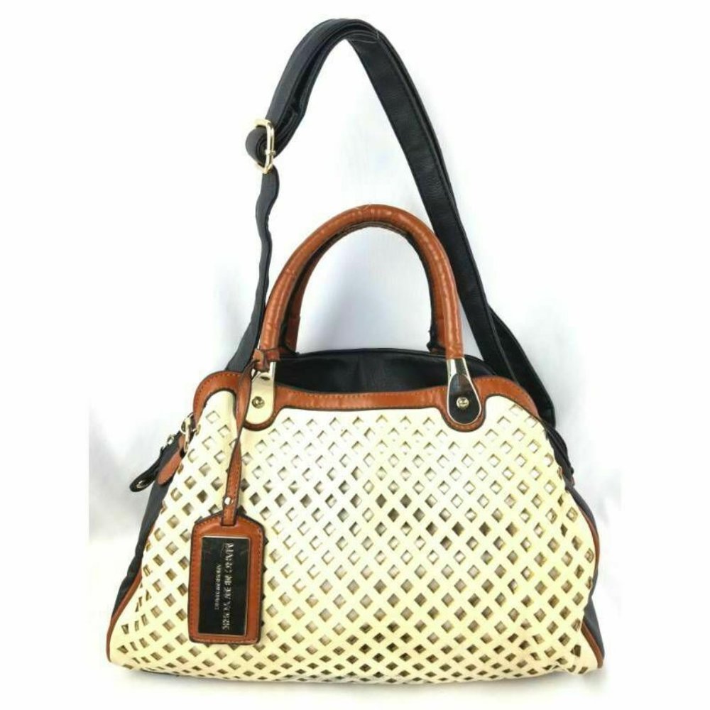 Womens Satchel Handbag Cream Black Basketweave